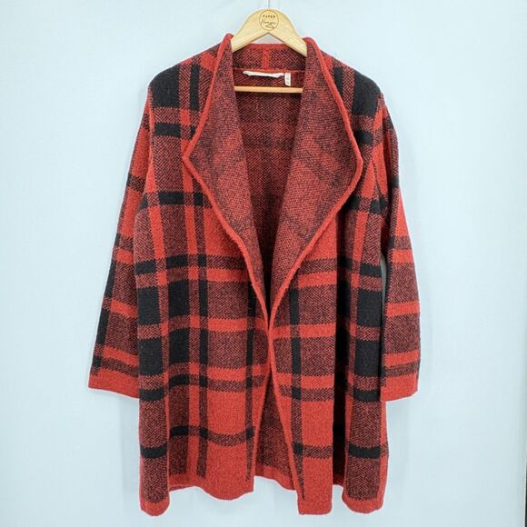 Soft Surroundings Cozy Cottage Long Open Cardigan Red Plaid, PXL, Wool Alpaca - Picture 1 of 8